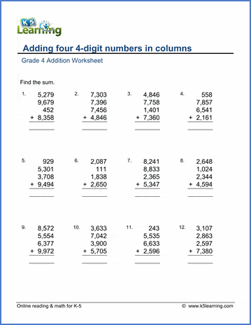 Grade 3 Addition Worksheet adding four 4-digit numbers