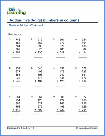 Grade 4 Addition Worksheet adding five 3-digit numbers