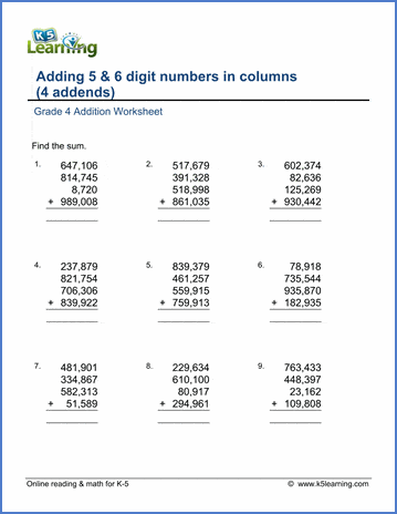 Grade 4 Addition Worksheet adding four 5 and 6-digit numbers