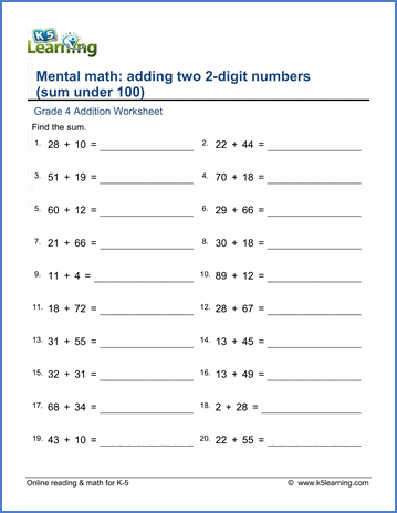 Grade 3 Addition Worksheet adding two 2-digit numbers (sum under 100)
