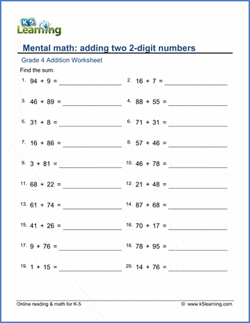 Grade 4 math worksheet - Addition: adding two 2-digit numbers | K5 Learning