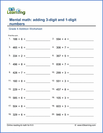 Grade 4 Addition Worksheet adding 3-digit and 1-digit numbers