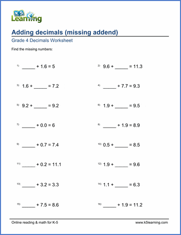 Grade 4 Decimals Worksheet adding 1-digit decimal numbers with missing addend