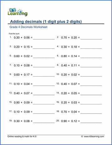 Grade 4 Decimals Worksheet adding 1-digit and 2-digit decimal numbers