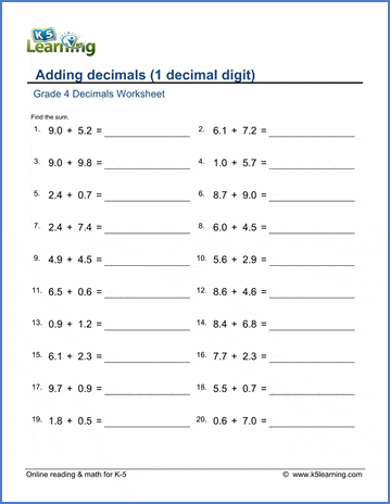 Grade 4 Decimals Worksheet adding decimals (1 decimal digit)