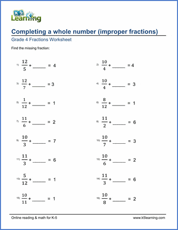 Grade 4 Fractions Worksheet completing a whole number