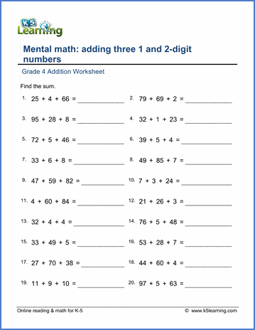 Grade 4 Addition Worksheet adding three 1 and 2-digit numbers