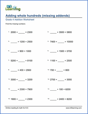 Grade 4 Addition Worksheet adding whole hundreds (missing addend)