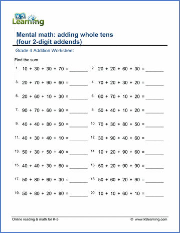 Grade 3 Addition Worksheet adding whole tens (four 2-digit numbers)