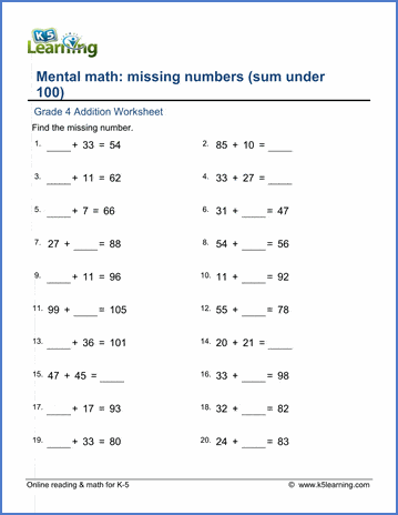 Grade 4 Math worksheet: Addition with missing addend (sum ...