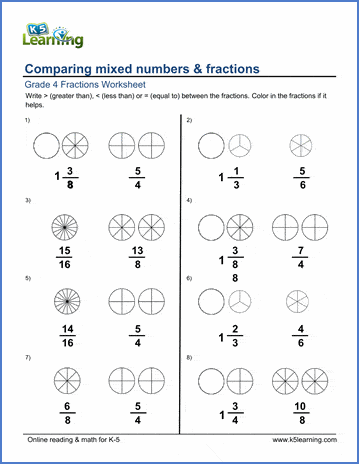 Grade 4 Fractions Worksheet comparing mixed numbers and fractions