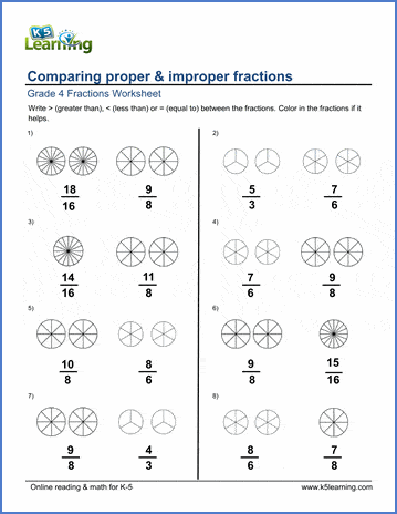 Grade 4 Fractions Worksheet comparing proper & improper fractions