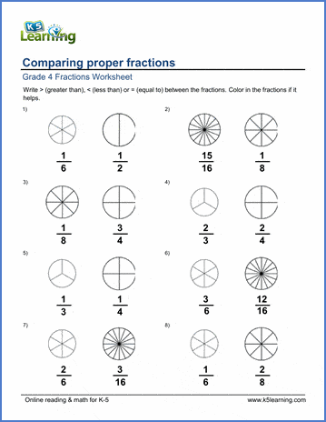 Grade 4 Fractions Worksheet comparing proper fractions
