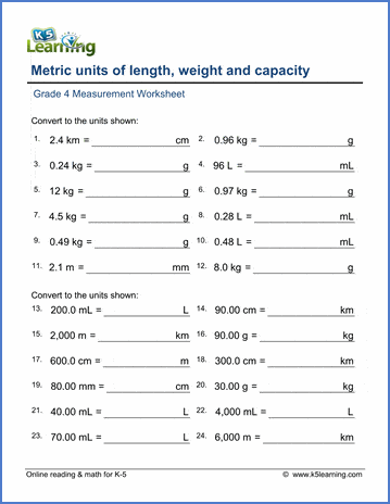 Grade 4 Measurement Worksheet subtract - convert between length, weight and capacity