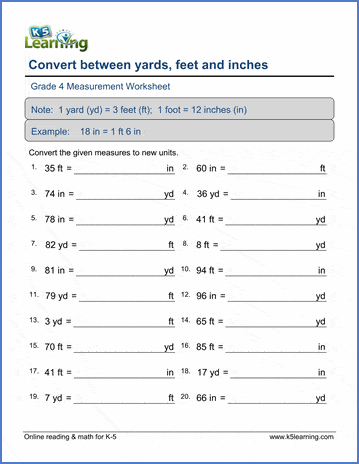 Grade 4 Measurement Worksheet subtract - convert between yards, feet and inches
