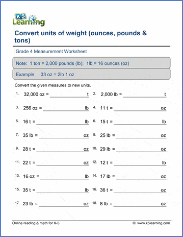 Grade 4 Measurement Worksheet subtract - convert between ounces, pounds and tons