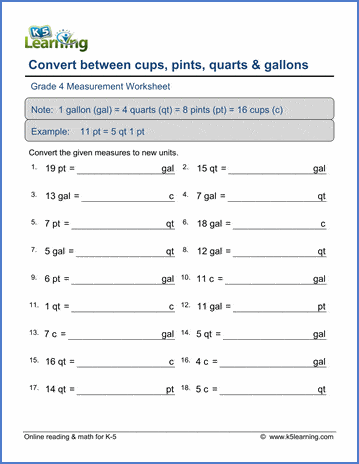 Grade 4 Measurement Worksheet subtract - convert between cups, pints, quarts and gallons