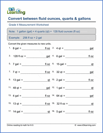 Grade 4 Measurement Worksheet subtract - convert between ounces, quarts and gallons