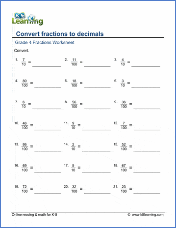 Grade 4 Fractions to decimals Worksheet convert fractions to decimals