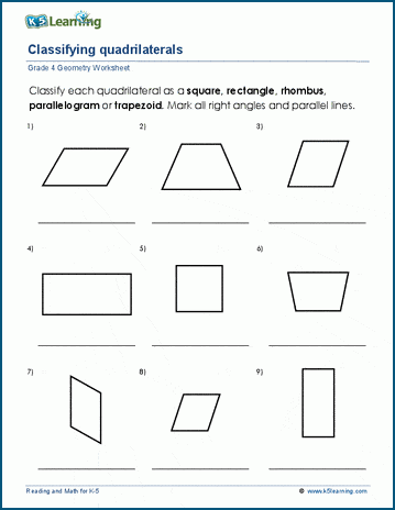 Grade 4 Geometry Worksheet classifying quadrilaterals