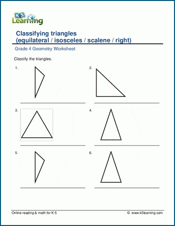 Grade 4 Geometry Worksheet classifying triangles - equilateral, isosceles, scalene