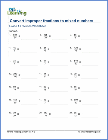 Grade 4 Fractions Worksheet converting improper fractions to mixed numbers - harder