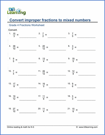 Grade 4 Fractions Worksheet converting improper fractions to mixed numbers