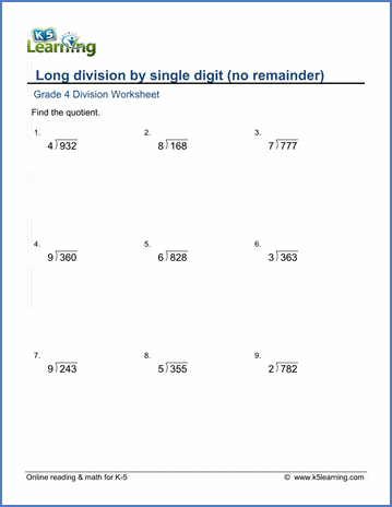 Grade 4 Long division Worksheet 3-digit by 1-digit numbers with no remainder