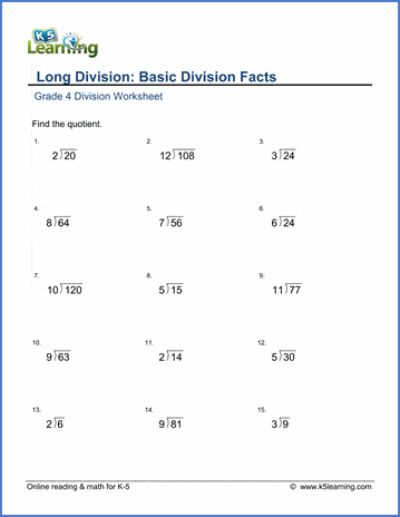 Grade 4 Long division Worksheet basic division facts