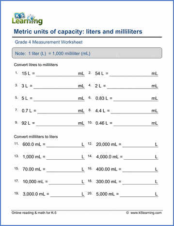 Grade 4 Measurement Worksheet subtract - convert between liters and milliliters