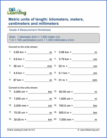 Grade 4 Measurement Worksheet subtract - convert between kilometers, meters, centimeters, millimeters with decimals