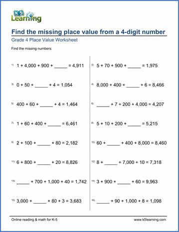 Grade 4 place value & rounding Worksheet find the missing place value from a 4-digit number