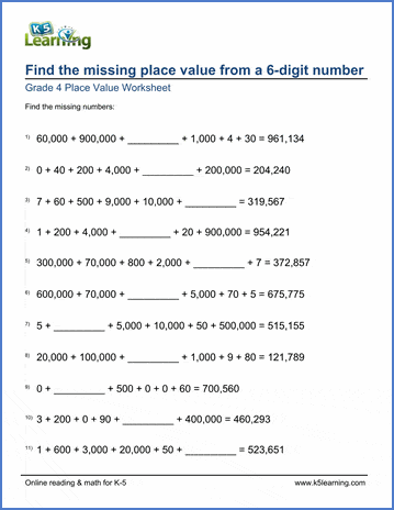 Grade 4 Math Worksheets: Find the missing place value ( 6-digits) | K5