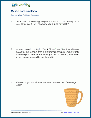 Grade 4 money word problem worksheets | K5 Learning