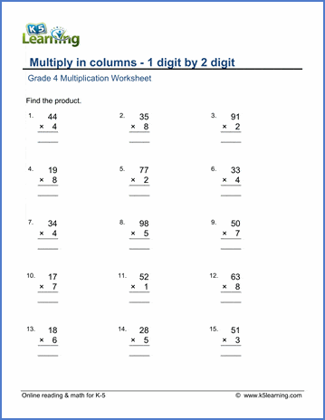 Grade 4 multiply in columns Worksheet multiplying 1-digit by 2-digit numbers