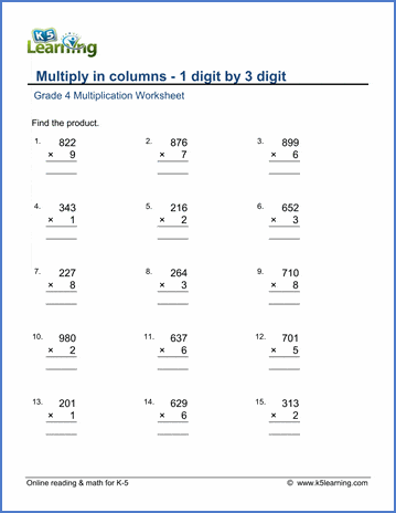 Grade 4 multiply in columns Worksheet multiplying 1-digit by 3-digit numbers