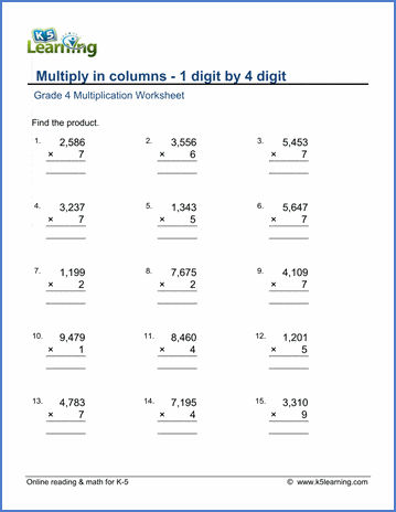 Grade 4 multiply in columns Worksheet multiplying 1-digit by 4-digit numbers