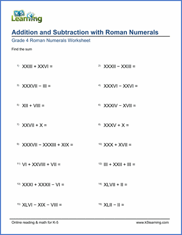 Grade 4 Roman numerals Worksheet addition and subtraction with Roman Numerals