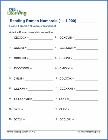 Grade 4 Roman numerals Worksheet reading Roman numerals (1-1,000)