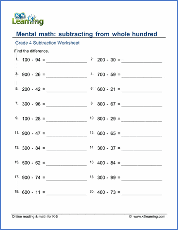 Grade 4 Subtraction Worksheet subtract from whole hundreds