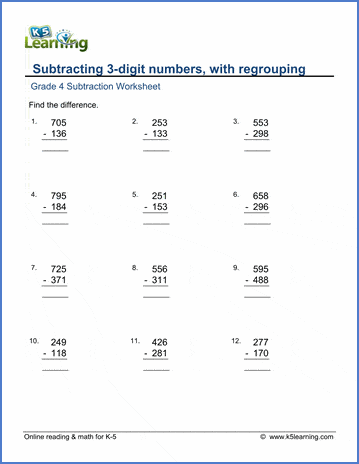 Grade 4 math worksheet - Subtraction: subtracting 3-digit numbers | K5