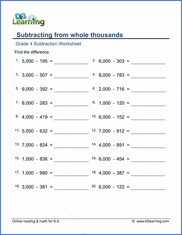 Grade 4 Math Worksheets: Subtracting from whole thousands | K5 Learning