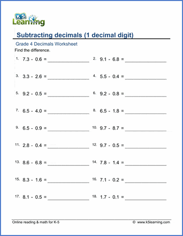 Grade 4 Decimals Worksheet subtracting decimals (1 decimal digit)