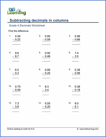 Grade 4 Decimals Worksheet subtracting decimals in columns
