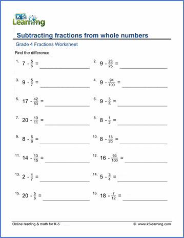 Grade 4 Fractions Worksheet subtracting fractions from whole numbers