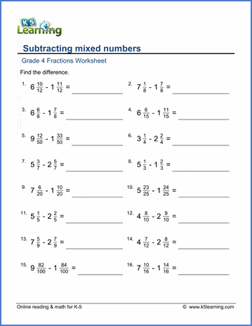 Grade 4 Fractions Worksheet subtracting mixed numbers