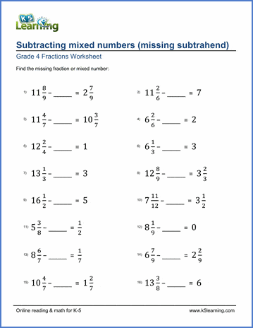 grade 4 math worksheets: subtracting mixed numbers | K5 Learning