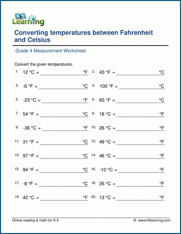Grade 4 Measurement Worksheet - convert between fahrenheit and celsius