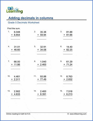 Grade 5 Math Worksheets: Adding decimals in columns | K5 Learning