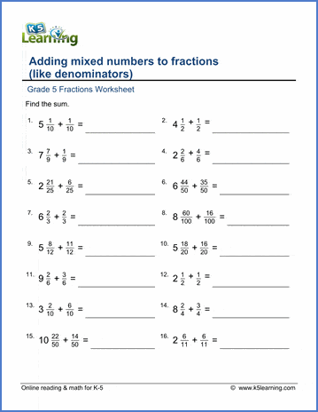 Grade 5 Fractions Worksheet adding mixed numbers to fractions